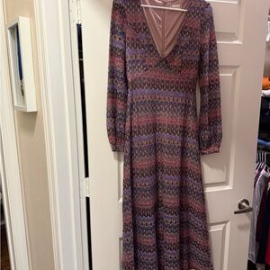 Altar'd State Mauve and Purple V-Neck Long Sleeve Midi Dress